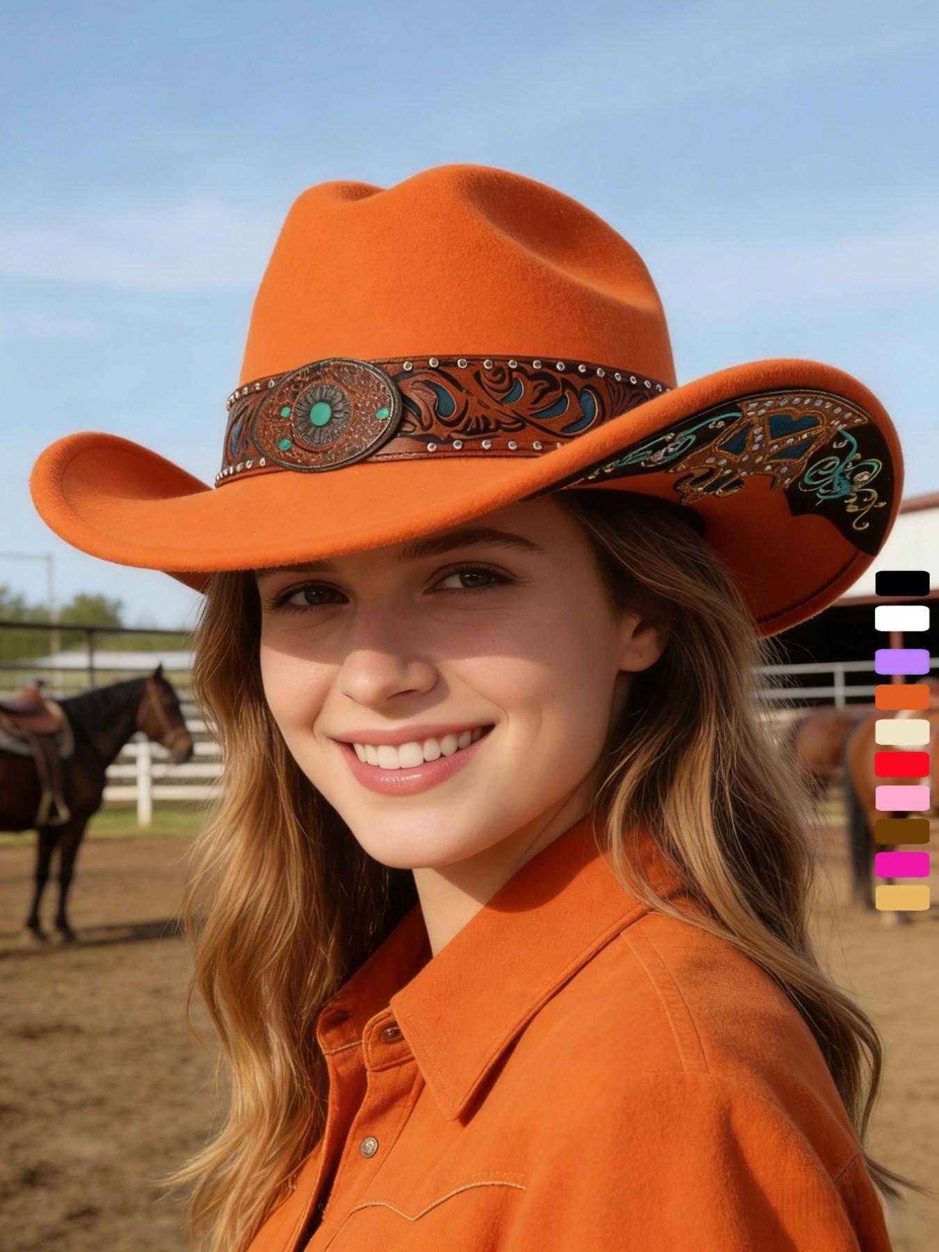 1PC Unisex Western Cowboy Hat, Large Brim Sun Protection, High-End Decorative Band, 57cm Head Circumference, Coffee Color,Pink，White，Black，Orange color，Red