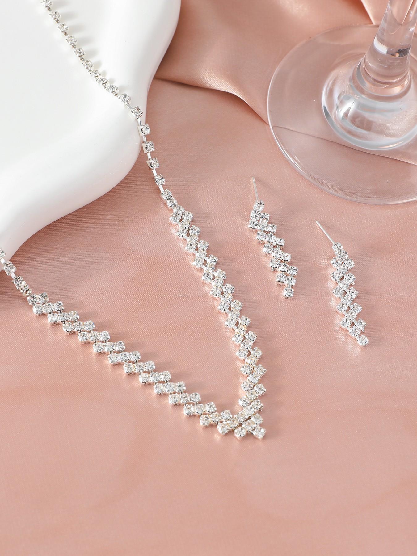 Elegant Rhinestone V-Shape Necklace & Earrings Jewelry Set, Perfect for Parties, Weddings, Birthdays, Gifts, All Seasons