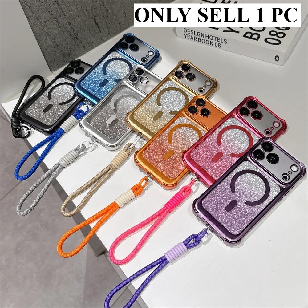 New Luxury Wrist Strap Glitter Lanyard Phone Case For iPhone 17/16/15/14/13/ProMax/Pro/Plus For Magsafe Wireless Charging Armor Cover