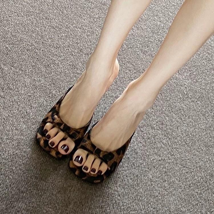 Sexy Leopard Print High Heeled Slippers Square Toe Chunky Heel Sandals One Strap Summer Women Shoes