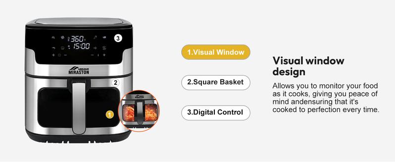 MIRASTON 8.5QT Large Capacity Digital Touchscreen Air Fryer, 8 Cooking Presets, Durable Stainless Steel, Visible Cooking Window, Nonstick Basket, 1500W, Holiday Haul