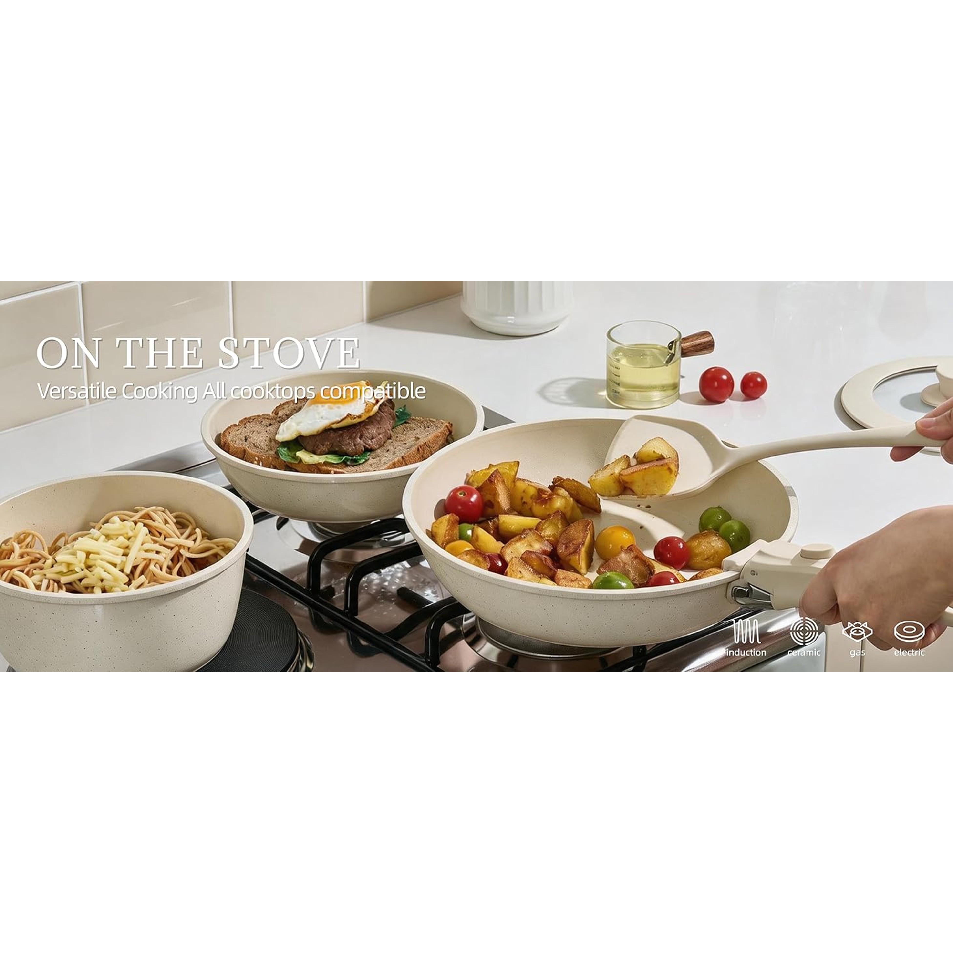 Ceramic Cookware Set Non Stick 8Pcs Pots and Pans Set Detachable Handle Induction Kitchen Cooking Set with Frying Pans Oven Dishwasher Safe, PFAS/PFOA Free, Cream White