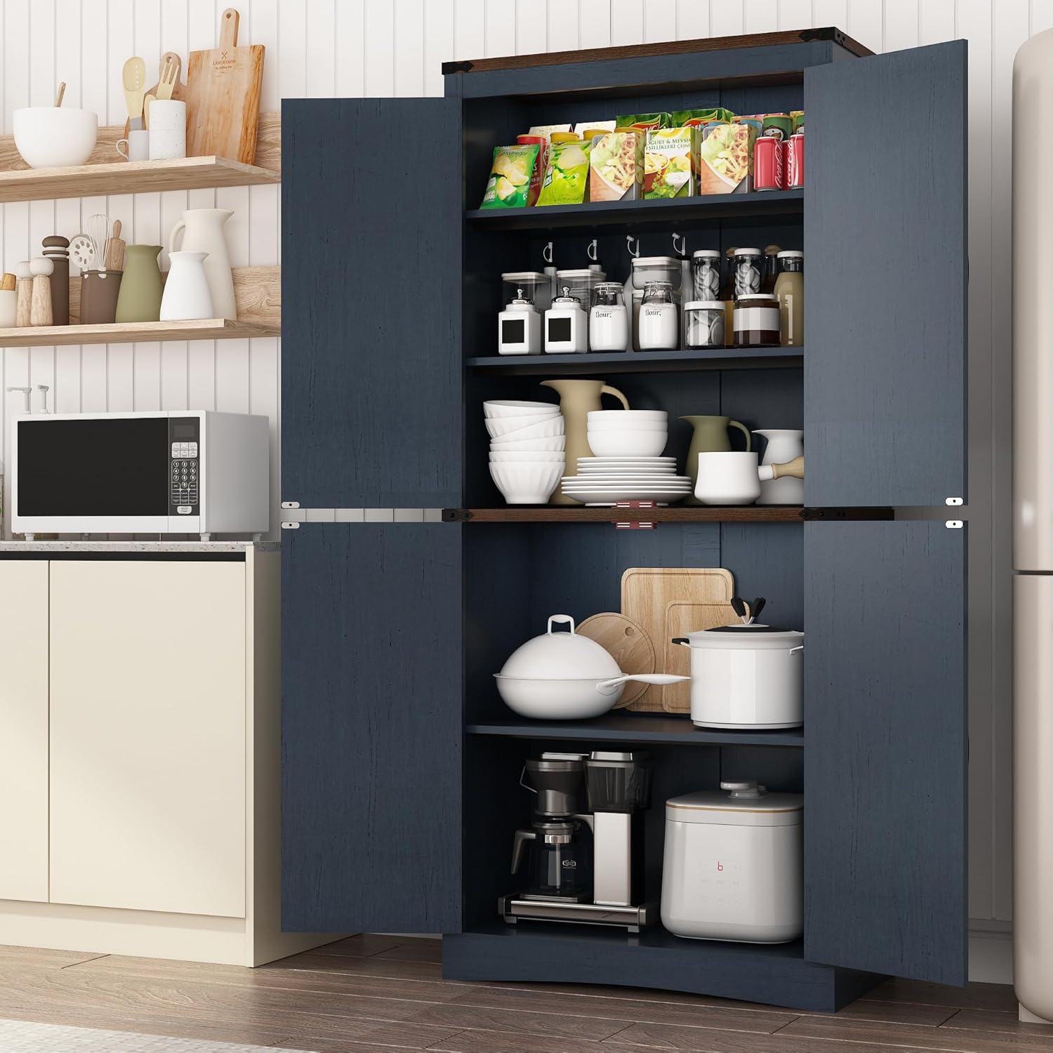 71in Farmhouse Kitchen Pantry Cabinet,Tall Storage Cabinet with 4 Doors and Adjustable shelves,with Load-Bearing Steel Pipe,Wood Storage Cabinets for Kitchen,Dining Room,Bathroom