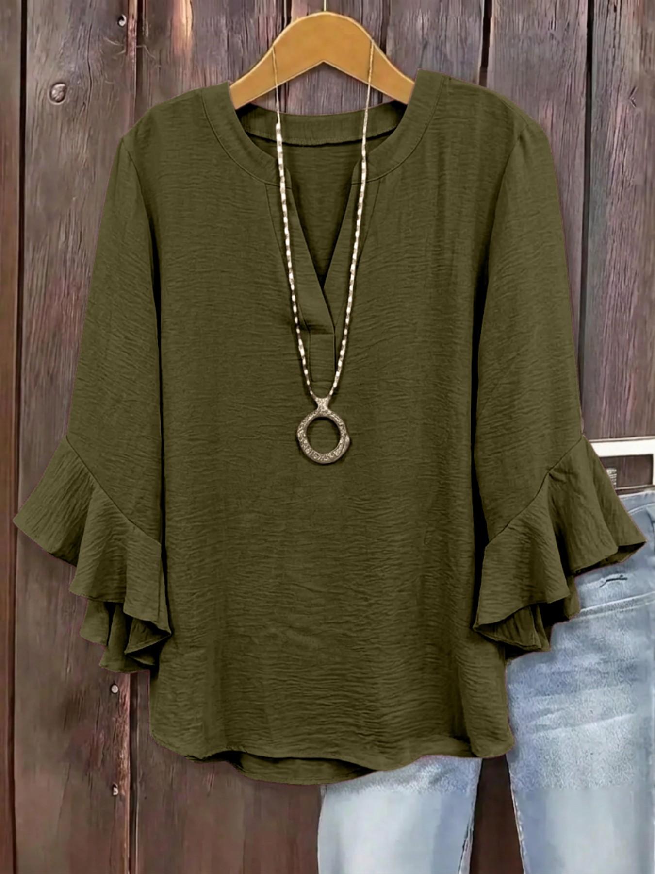 Plus Size V-Neck Ruffled Sleeve Textured Blouse, Loose Fit Y2K Summer Top, Trendy Elegant Flounce Detail, Comfortable Casual Everyday & Party Wear, Blouses Shirts Tops