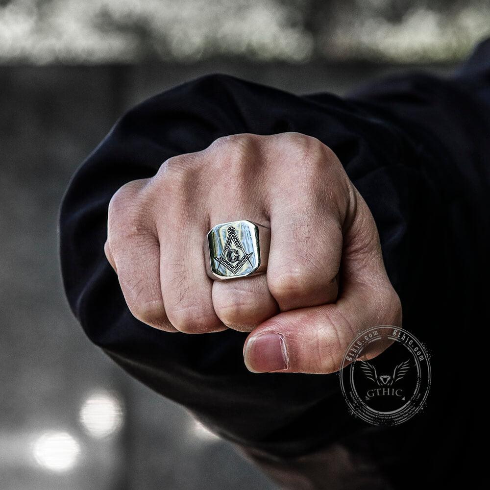 GTHIC Ag Symbol Polished Stainless Steel Masonic Ring Statement Jewelry for Men Daily Wear Father's Day Gift