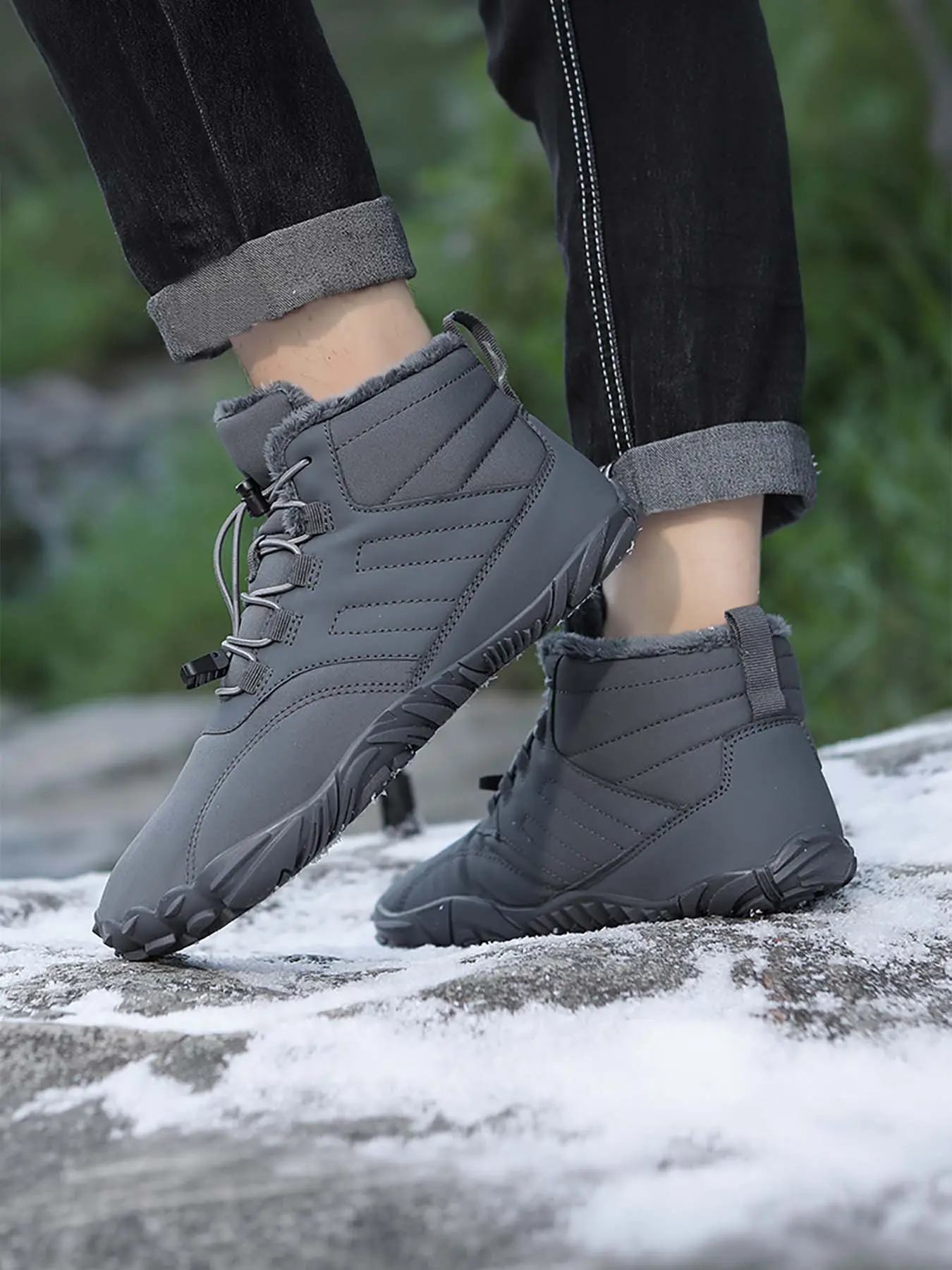 Men’s Fleece Lined Warm Barefoot Snow Boots, Wide Toe Box Zero Drop Quick Slip-On Lock Drawstring, Water Resistant Non-Slip Winter Ankle Boots for Commute & Trail Hiking