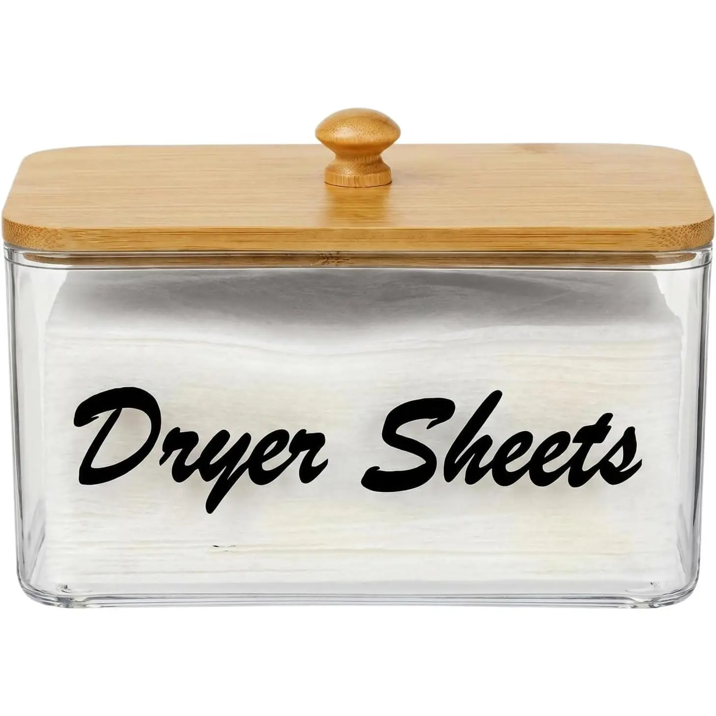 Dryer Sheet Holder with Bamboo Lid, Acrylic Laundry Clear Dryer Sheets Dispenser Container Box for Laundry Room Organization and Storage Holds Sheets, Balls, Clothes Pins, Laundry Pods (Clear)