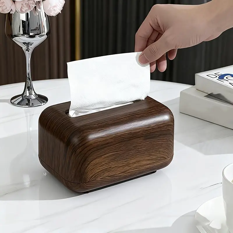 Single-Pack Retro Wood Grain Square Plastic Tissue Box with Lid, Thickened PP Material, Home & Office Bathroom Desktop Storage Decorative Home Supply, Wood Grain * Single Pack