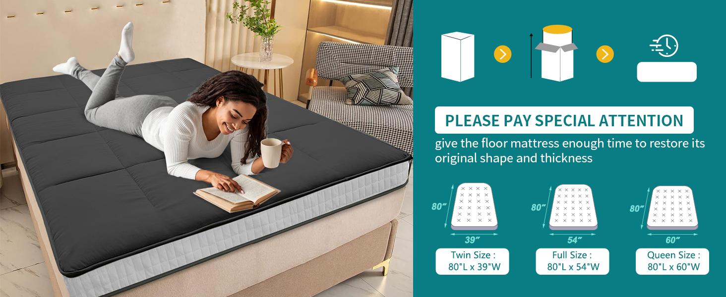 Lilypelle Japanese Floor Mattress Futon Mattress, Thicken Roll up Sleeping Mattress Tatami Mat Floor Bed, Foldable & Portable Camping Mattress with Storage Bag, Twin Full Queen