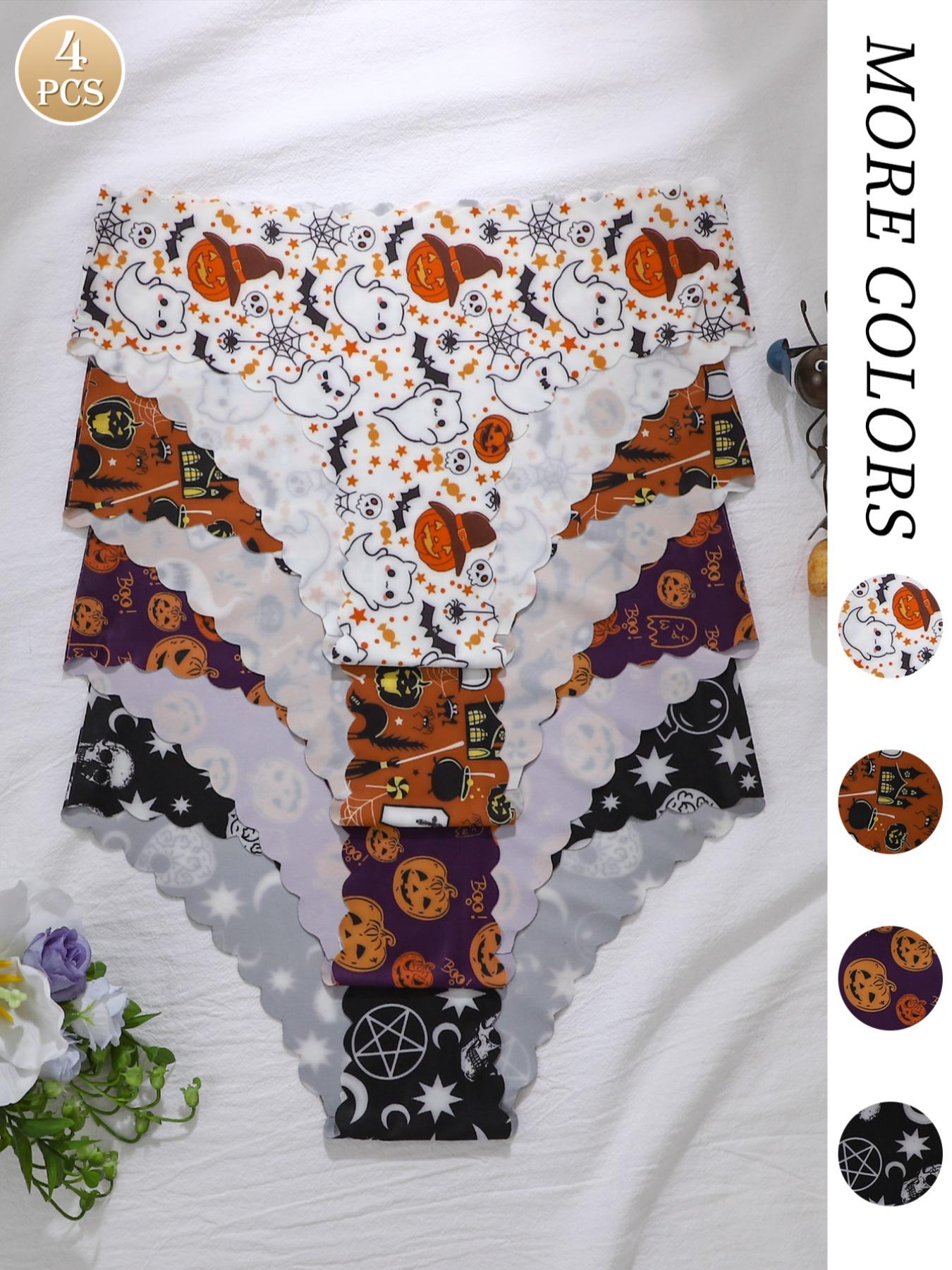 Women's Leopard & Halloween Print Underwear Set, Breathable Seamless Mid-Waist Thong Panties, Casual Fitted All-Seasons Lingerie