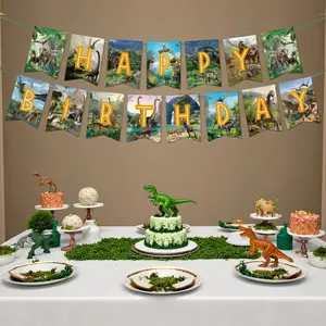 15pcs Dinosaur Party Theme Birthday Party Decoration Set, Indoor Outdoor Background Atmosphere Banner Flag Kit, Party Supplies