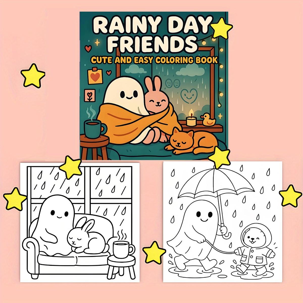 Bold & Easy Rainy Day Friends Cute & Cozy Coloring Book for Kids & Adults, 22 Coloring Pages on 120gsm Thick No Bleed Paper, Odorless Glue Binding, Stress Relief Easy Coloring for All Ages