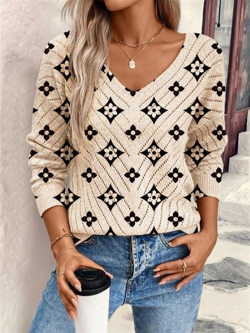 Women's Geometric Print Long Sleeve Knit Top, Casual Elegant Vacation Style Sweater, Loose V Neck, Comfortable Warm, Fall Winter