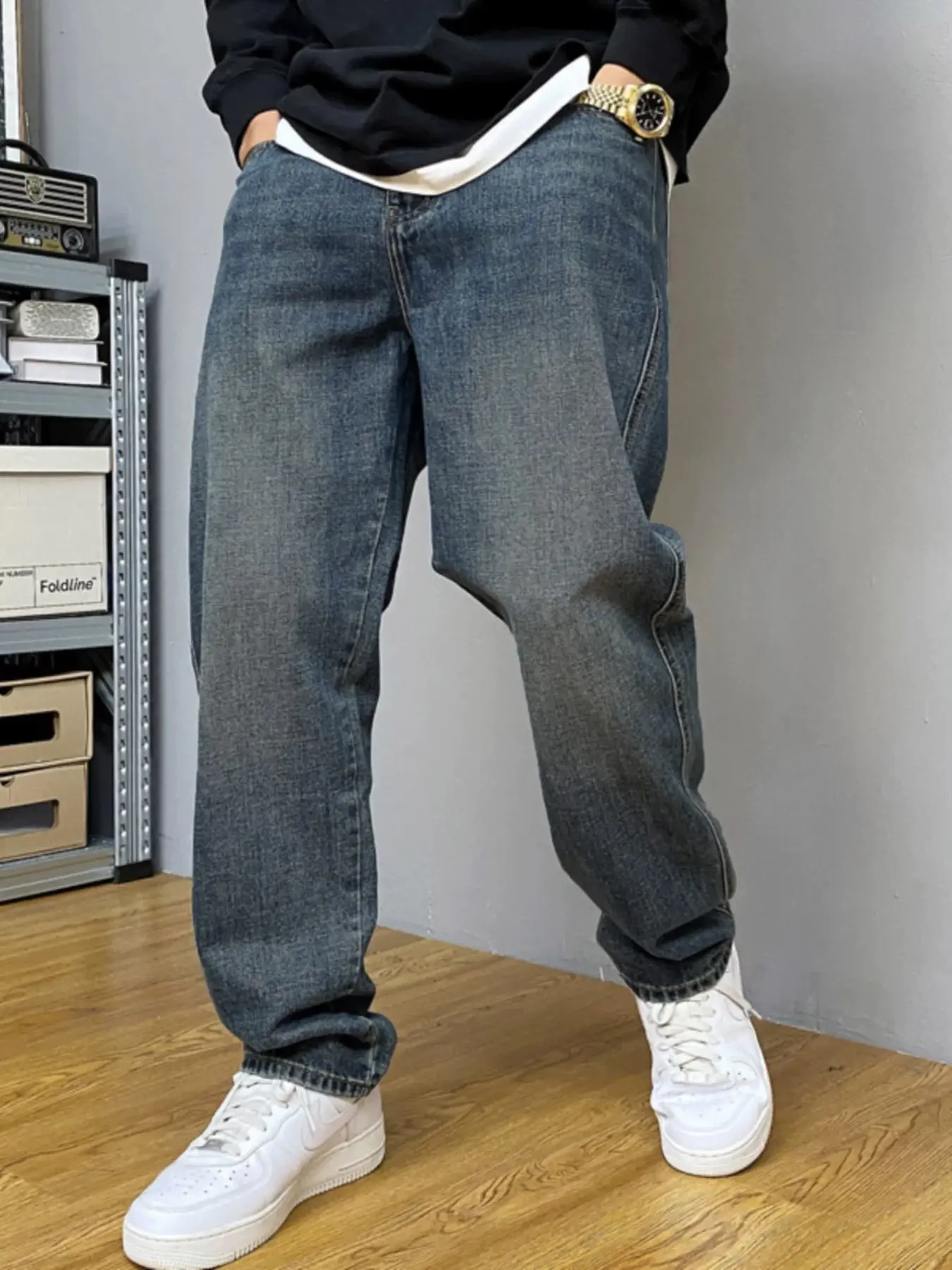 Men's Casual Jeans, Comfortable and Stylish, Perfect for Daily Wear, Loose-Fitting, Drawstring Waist, All Seasons, Solid Pattern