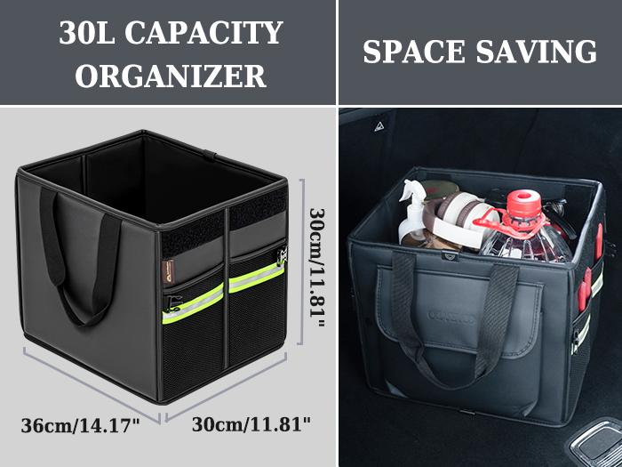 Coverado 30L/70L SUV Trunk Organizer - Waterproof Nappa Leather Collapsible Storage with Lid, Multi Compartments & 2 Straps for Car Accessories