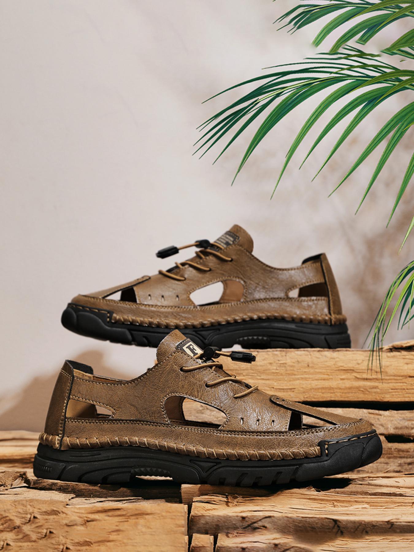 Men's Solid Color Hand-Stitched Closed-Toe Sandals Drawstring Soft Sole Water Shoes Breathable Slip-On Outdoor Beach Shoes