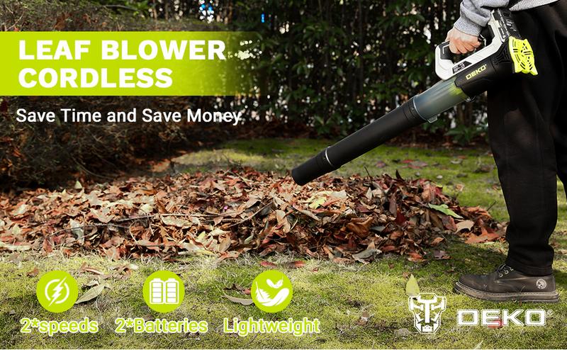 DEKO 20V Cordless Electric Leaf Blower With 2000mAh Battery And Charger 18000RPM Two Speed Settings Lightweight Design With Extension Tube For Lawn Yard Garage Leaves Dust And Snow Removal