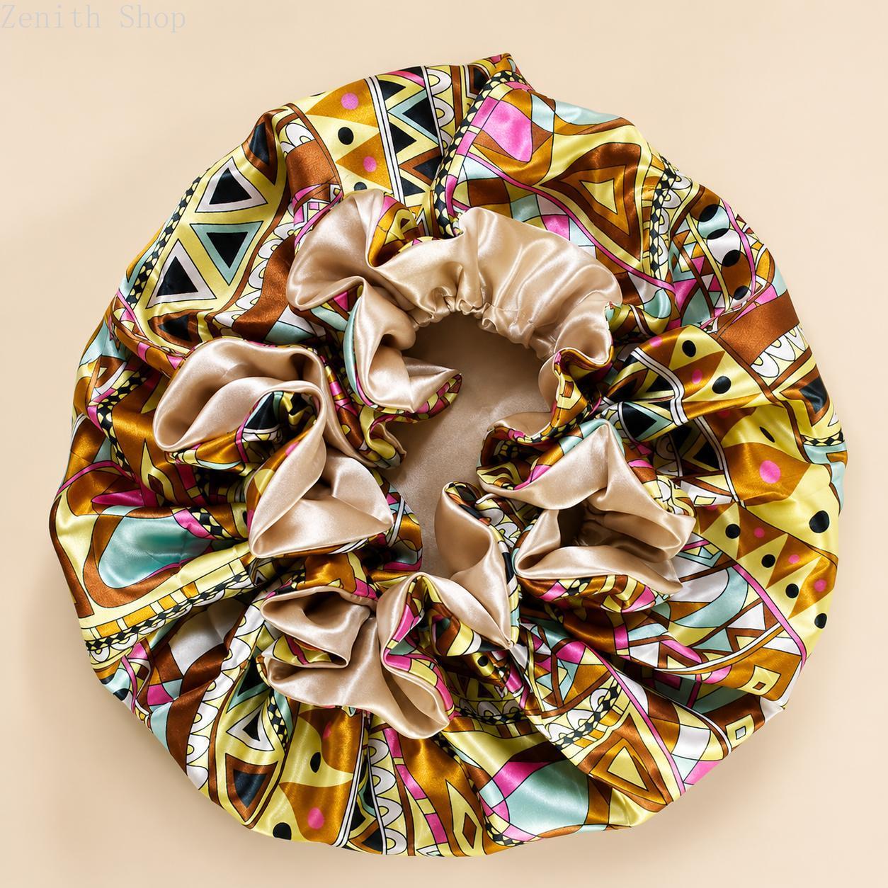 Double‑Layer Floral Print Sleep Bonnet, Lightweight Polyester Hair Protection Cap for Home Travel