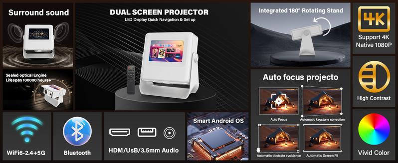 Aepuosem A10pro Touch Screen Projector 7-inch 1080P Native 4K Auto Focus Dolby Sound Wi-Fi 6 Bluetooth 180° Rotation for Games Movies Gifts Audio Connection Lcd