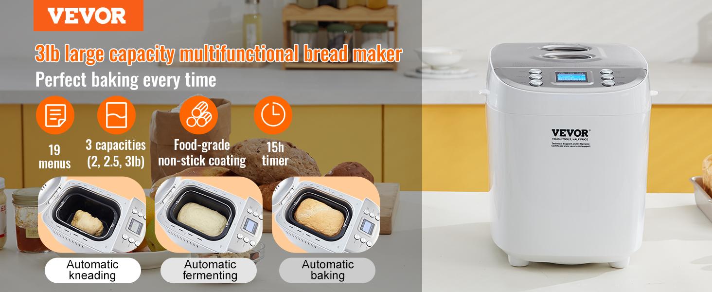 VEVOR Bread Maker, 15-in-1 3LB Dough Machine, Nonstick Ceramic Pan Automatic Breadmaker with Gluten Free Setting, Whole Wheat Bread Making, Digital, Programmable, 3 Loaf Sizes, 3 Crust Colors, White