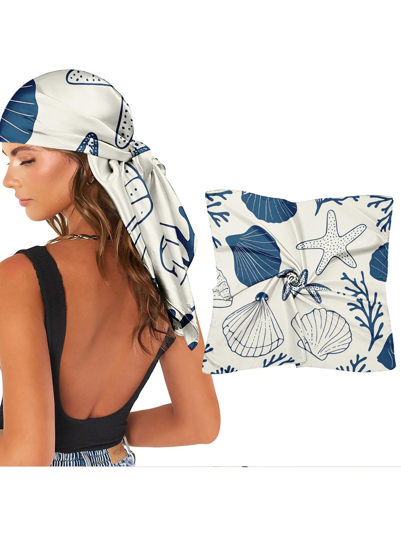 Blue Nautical Shell Star Satin Towel for Women, Beach Vacation Essential, Summer Coastal Accessory, Retro Hair Scarf, Square Scarf