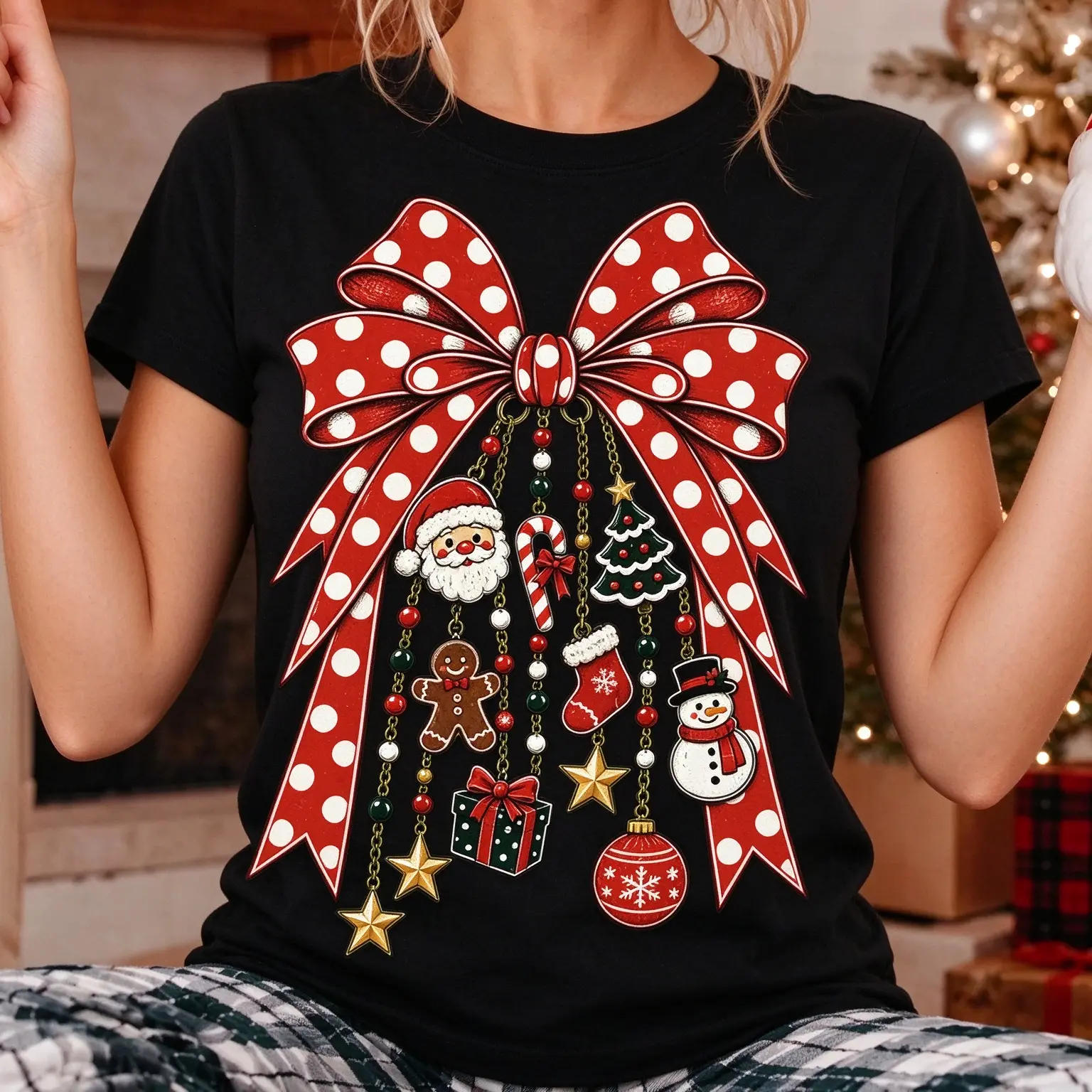 Gildan Retro Christmas Charms Bow Polka Dots Sweatshirt,  Trendy Christmas Doodles Graphic Crewneck, Christmas Tree Sweatshirt, Cute Christmas Gift