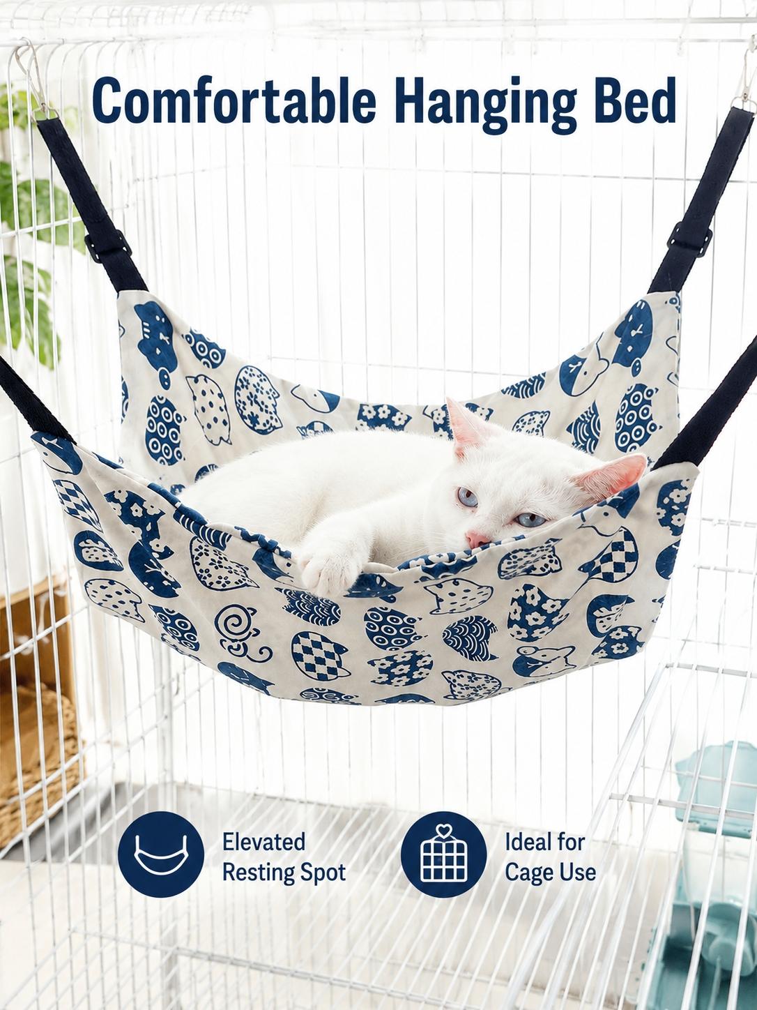 Adjustable Cat Hammock Bed, Durable Canvas Material, Blue- Pattern, Cute, Ideal for Small-Medium-Large Cats, Pet Resting Spot