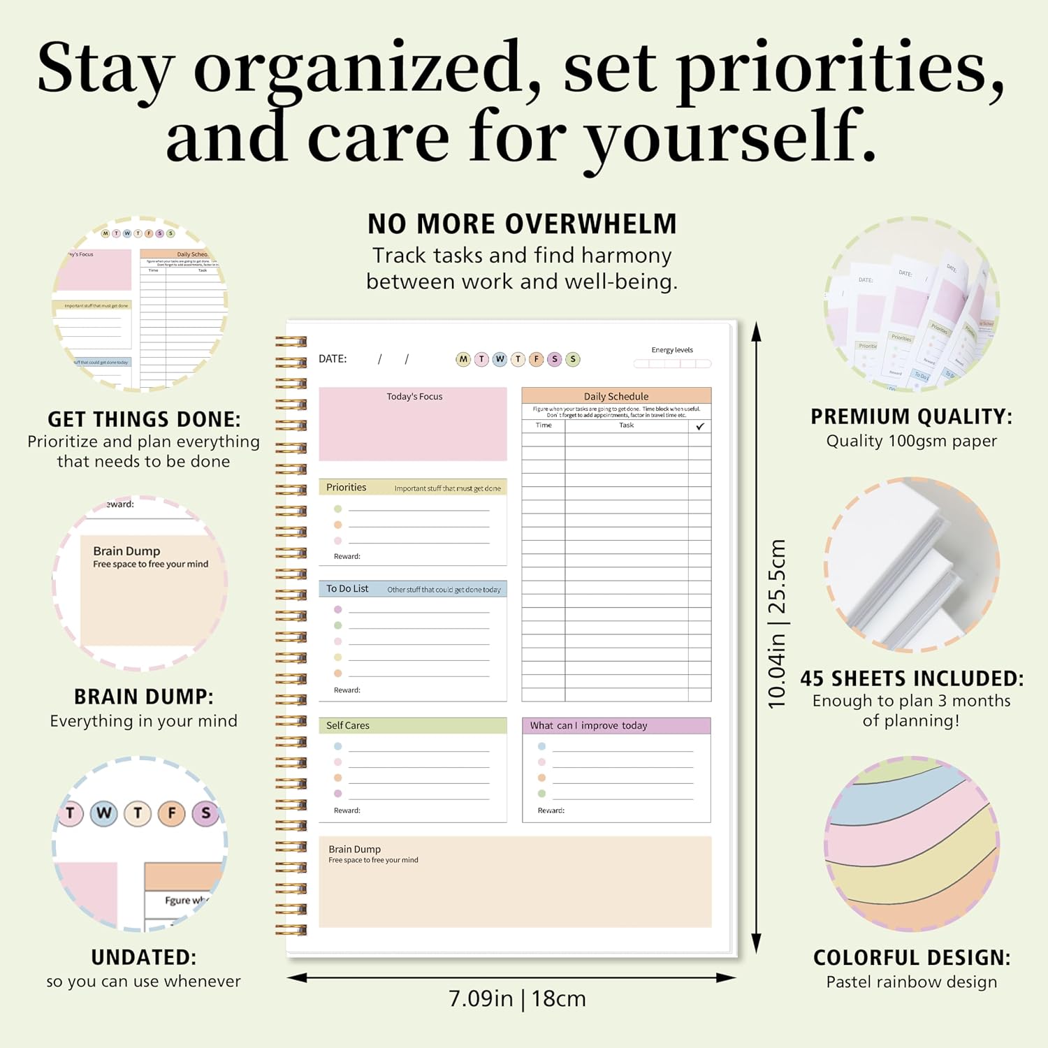 Daily Planner with Hard Cover & Colorful Sheets Inside,Productivity Planner Task Management Organizer for Neurodivergent Adults Focused for Men & Women, 7" x 10"
