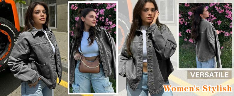 Hixiaohe Women Jean Jackets Oversized Long Sleeve Coat Fashion Clothes Trendy Button Up Denim Shirt Jacket  with Pockets TikTokShopBlackFriday