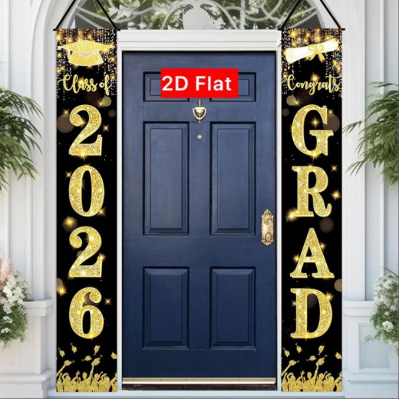 2D Flat Banner Door Sign 1 Pair, 2026 Graduation Porch Banner, Outdoor Gold Sparkle, Weatherproof Graduate Welcome Sign, High School Party Supplies