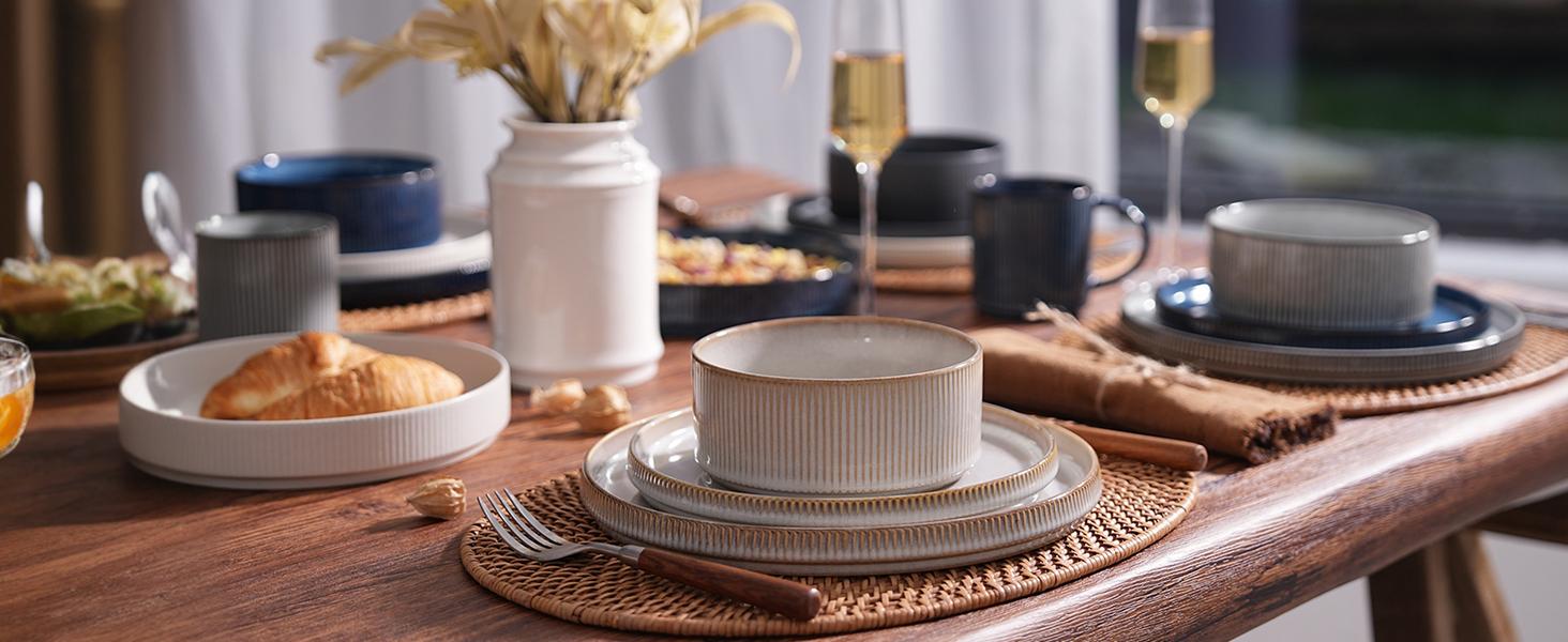 Famiware Star 8.25'' Stoneware Large Pasta Bowl (Set of 4) Tableware, Smoky Blue