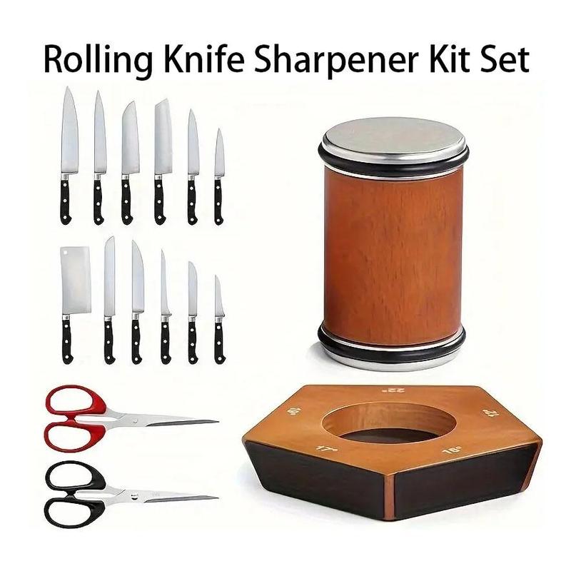 Rolling Knife Sharpener Kit With Diamonds And CeramicDiscs,With Different Angles For Sharp Edges,For AnyHardness Of Steel, medium, Wooden sharpening tumbler forhoning knives pocket knife Kitchen Gadgets KitchenGadgets