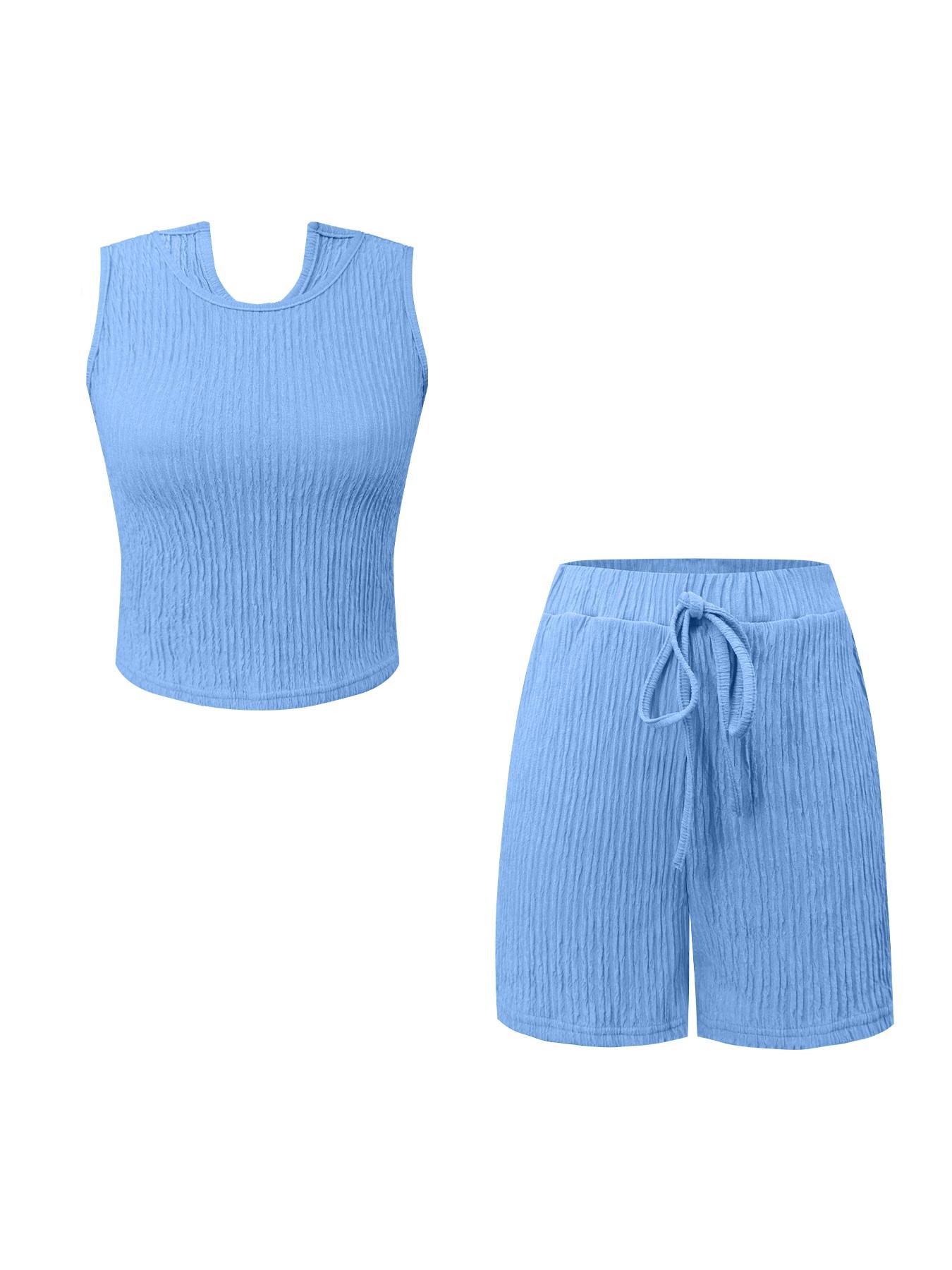 Women's Simple Fashion Solid Color Sporty Casual Tank Top and Shorts Set, Fitted Plain Style Crop Length Non-Outer Vest