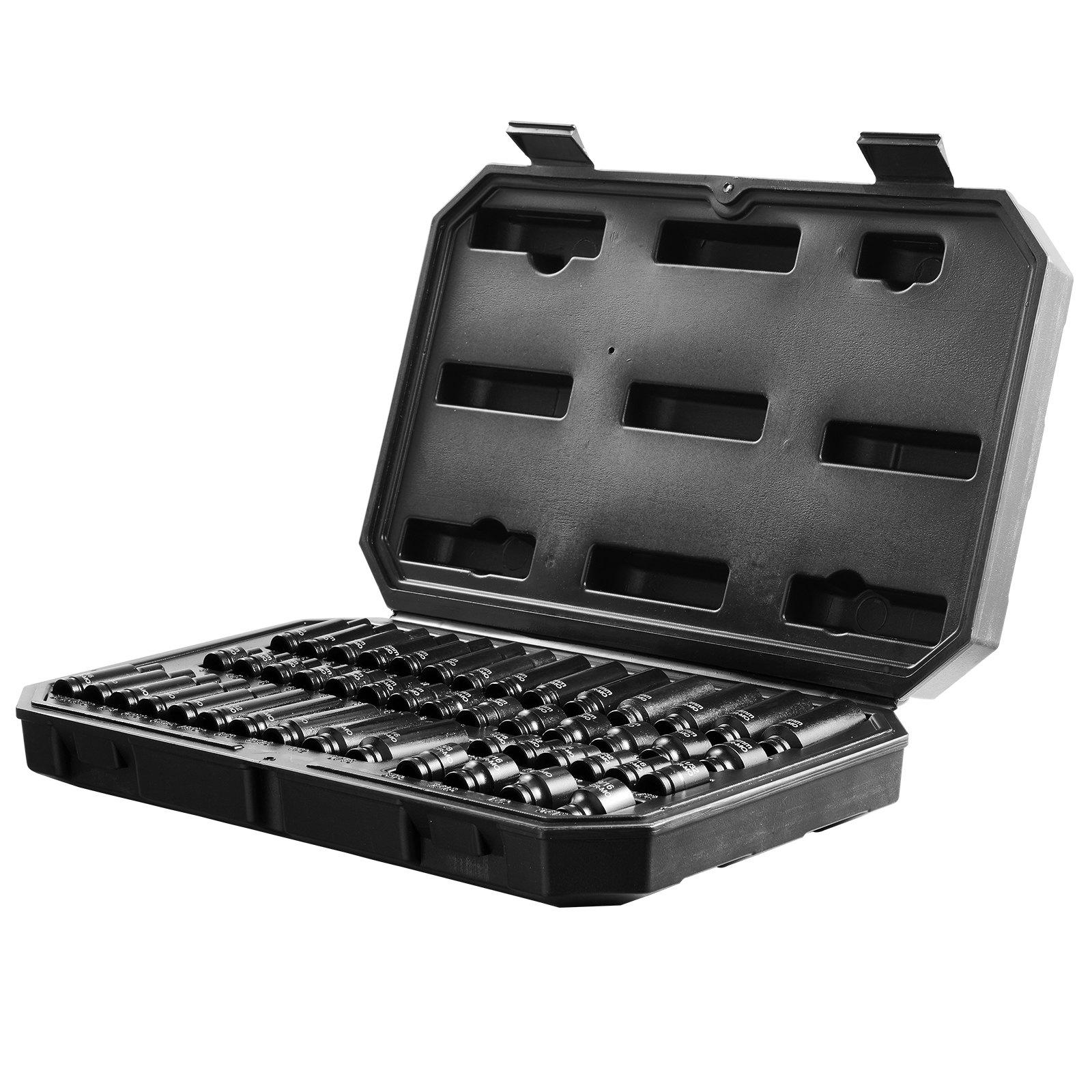 VEVOR Drive Impact Socket Set 1/4"  - 14 Piece Deep Socket Set Metric 4-15mm - 6 Point Cr-Mo Alloy Steel for Auto Repair - Easy-to-Read Size Markings - Rugged Construction - Socket Organizer