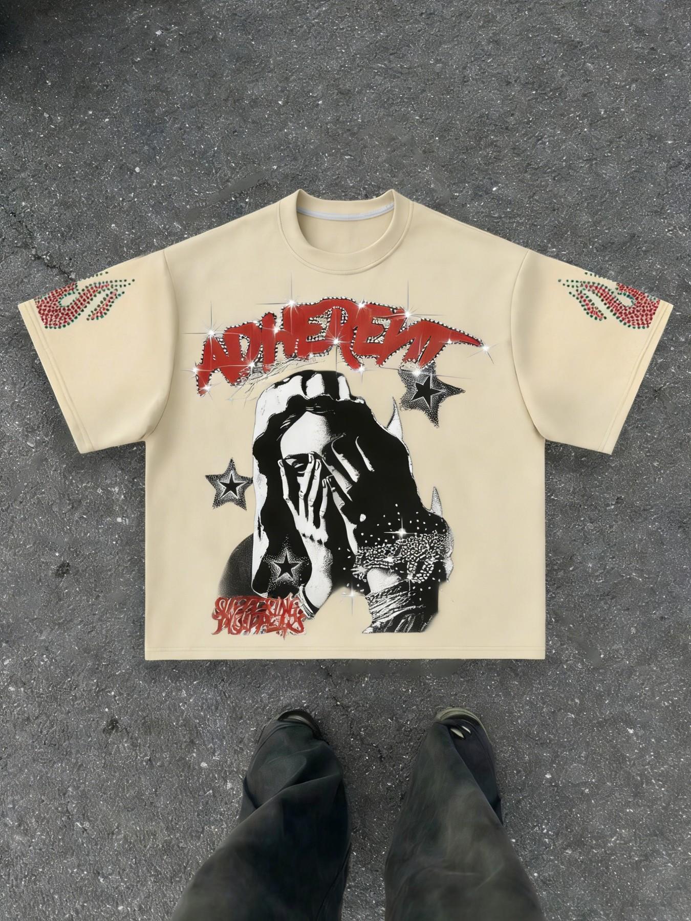 Adherent Loose Rhinestone T-Shirt, Round Neck, Face Print + Rhinestone Font, Soft Cotton Blend Fabric, Y2K Gothic Style, Casual, Daily Wear, Party, City Essential, Streetwear, Menswear