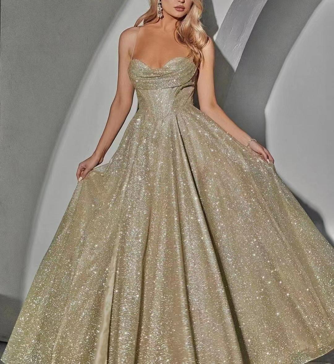 Women's Elegant Strapless Gold-Dusted Sparkle Formal Maxi Dress - Gold Detailed Evening Dresses for Banquets, Balls, Drip Dry Garment