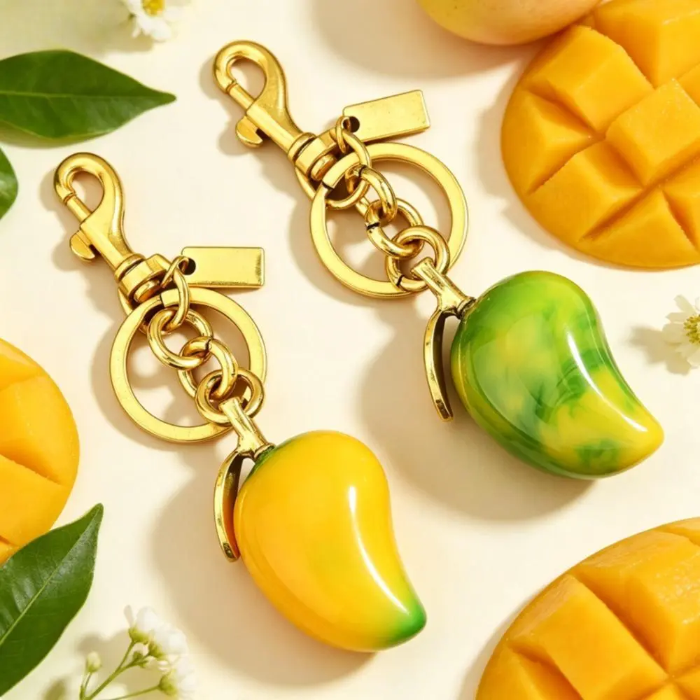 Kawaii 3D Simulated Mango Bag Charm, Gradient Fruit Keychain with Gold-Plated Lobster Clip and Compact Engravable Tag, Kawaii Aesthetic, Cute, Casual, Leaf, Unisex, Realistic, Friends, Blank Metal Engraving Tag, Lightweight, Polished Gold-Plated Clasp, Ha