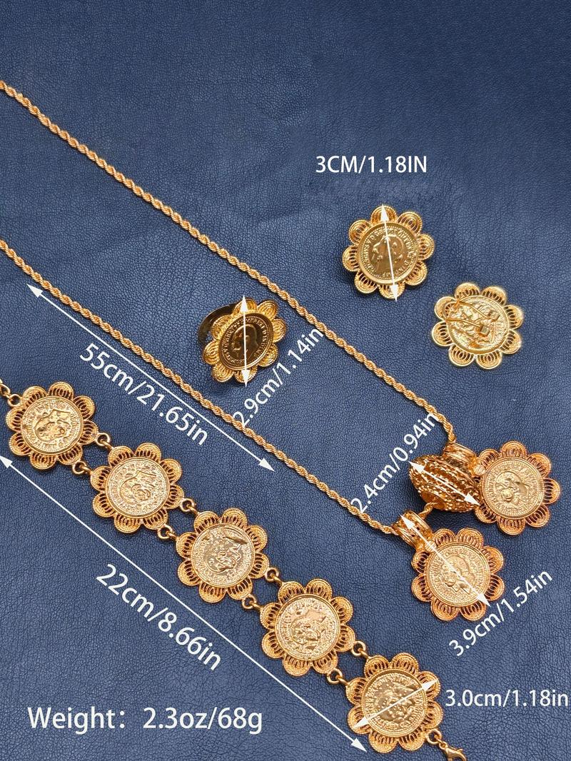 24K Gold Middle Eastern Luxury Vintage Coin Set: Multi-layered Bracelet, Necklace, Ring and Earring Collection - An Exclusive Celebratory Jewelry Gift for Women