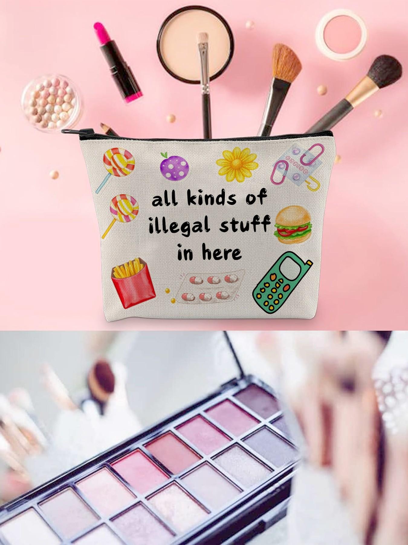 Edgy Humor Makeup Bag, Canvas Pouch with Various Items Quote, Candy, Burger, Pills, Phone, Vintage Icons, Perfect for Cosmetics