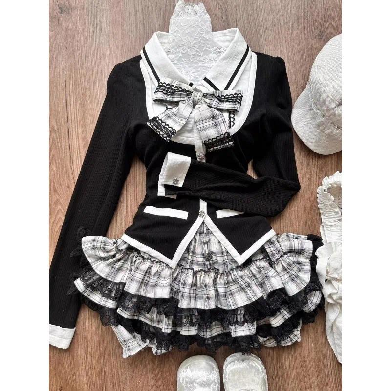 Korean 2 Piece Sets Women Casual Bow Y2k Crop Top Blouse + Mini Skirts 2000s Vintage Suits Chic Japanese Kawaii Clothing Autumn, Cute, Bow Detail