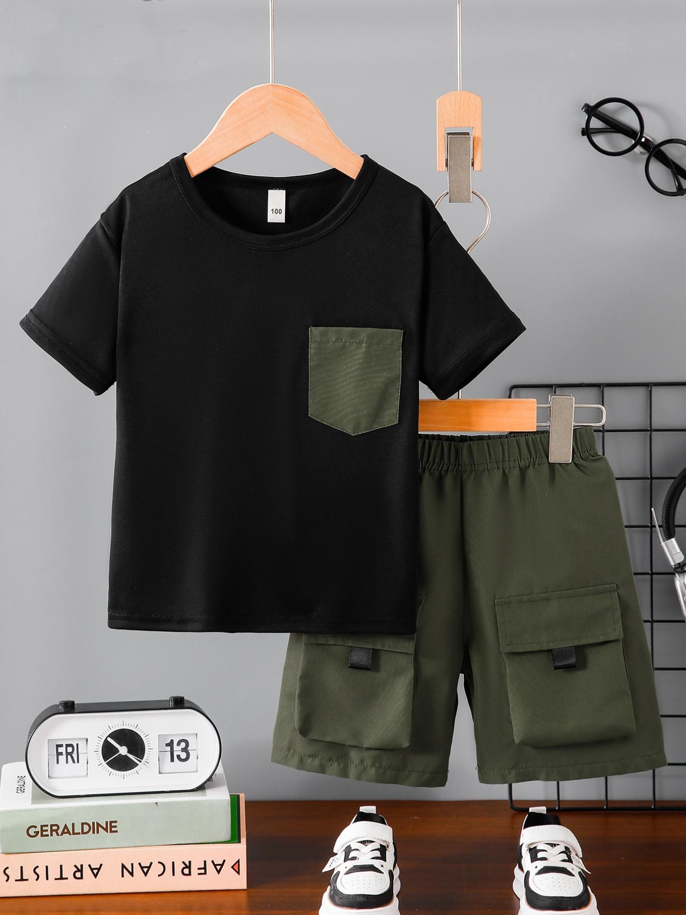 Boys' Summer Fashion Set, Casual Round Neck Short Sleeve T-Shirt with Pocket Design, Cool Breathable Outdoor Wear, 2-Piece Set