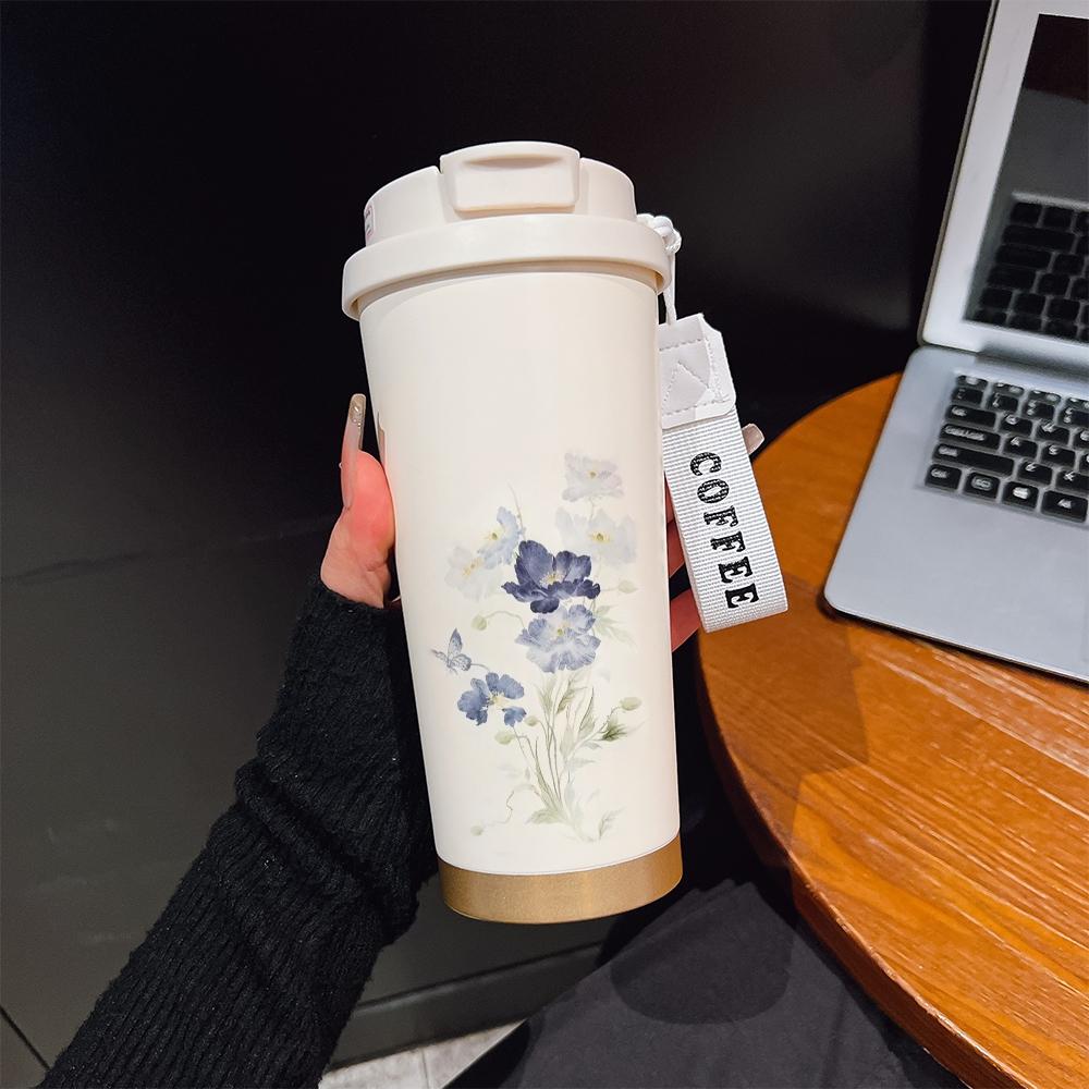 Abstract Floral Coffee Cup, Portable Insulated Tumbler, Keeps Drinks Hot/cold, Boho Style, Ideal for Office, Travel, Sports, Golf