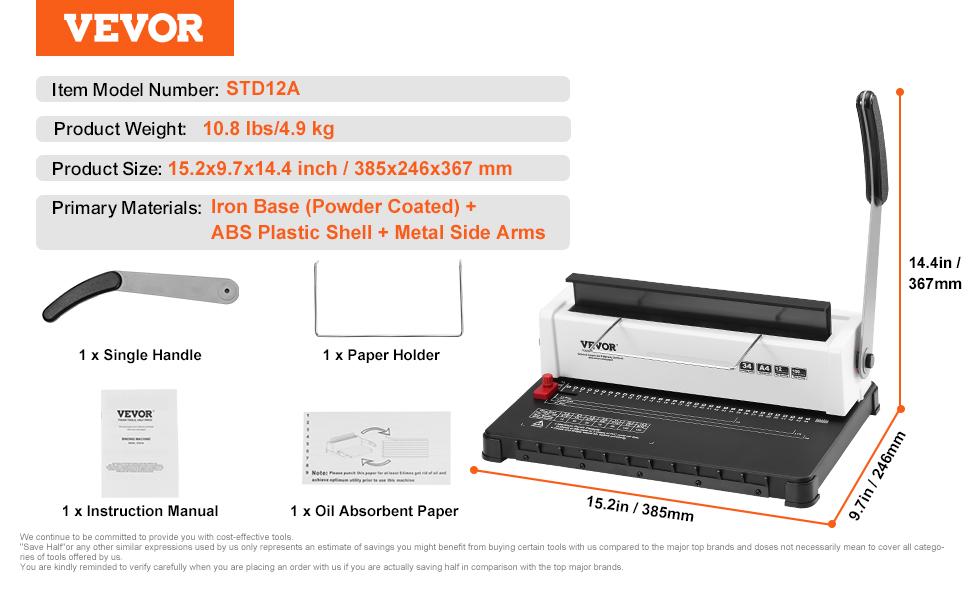 VEVOR Coil Spiral Binding Machine, Manual Book Maker 34-Holes Binding 120 Sheets, Punch Binder Adjustable 3/16 - 9/16 Coil Binding Spines, for Letter Size, A4, A5