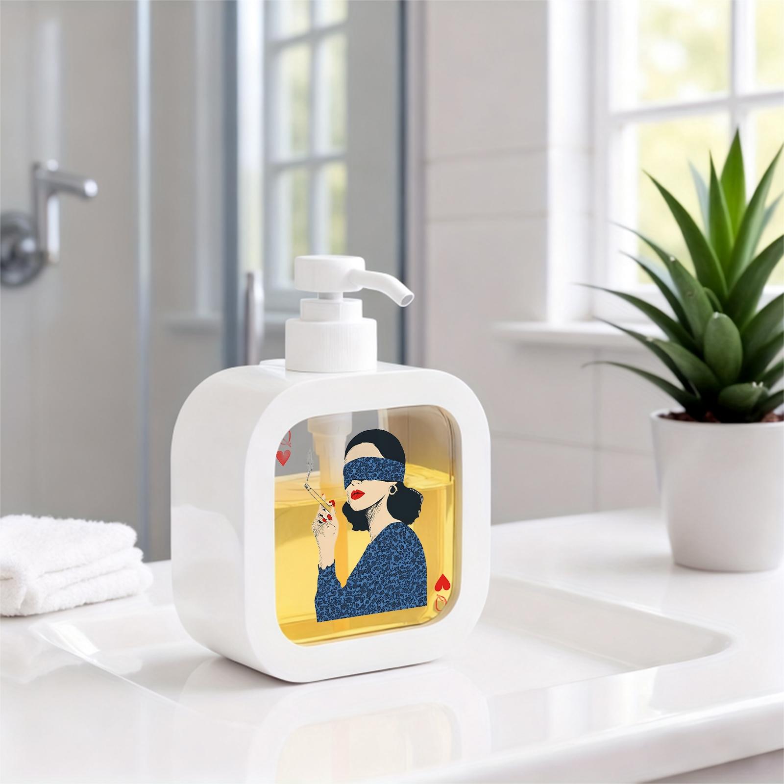 Moisturizing Soap Pump Bottle - Retro Queen of Hearts Design with Blue Blindfold & Floral Dress, Kitchen & Bathroom Soap Dispenser for Artistic Home Decor