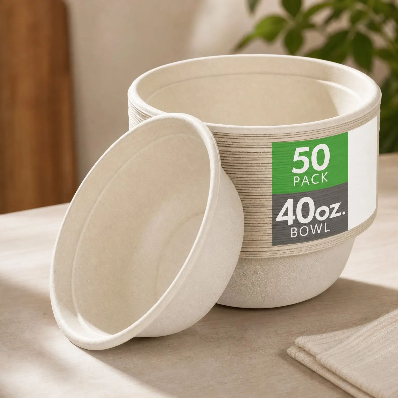 Disposable Paper Bowls, 40 Oz [50 Pack] Large Bowls - 100% Compostable, Biodegradable, Eco-Friendly Natural Color - Convenient for Salad, Hot Soup, Pasta & Daily UseGift
