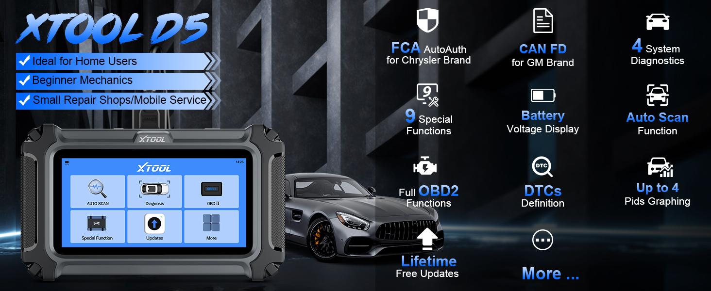 XTOOL D5 OBD2 Scanner ECM/TCM/ABS/SRS Car Diagnostic Tool with Oil Reset, Electronic Parking Brake Reset, ABS Bleed, Throttle Relearn, Clear Check Engine Light, Lifetime Free Updates car diagnosis scanner Automotive Vehicle Special Functions Obd2