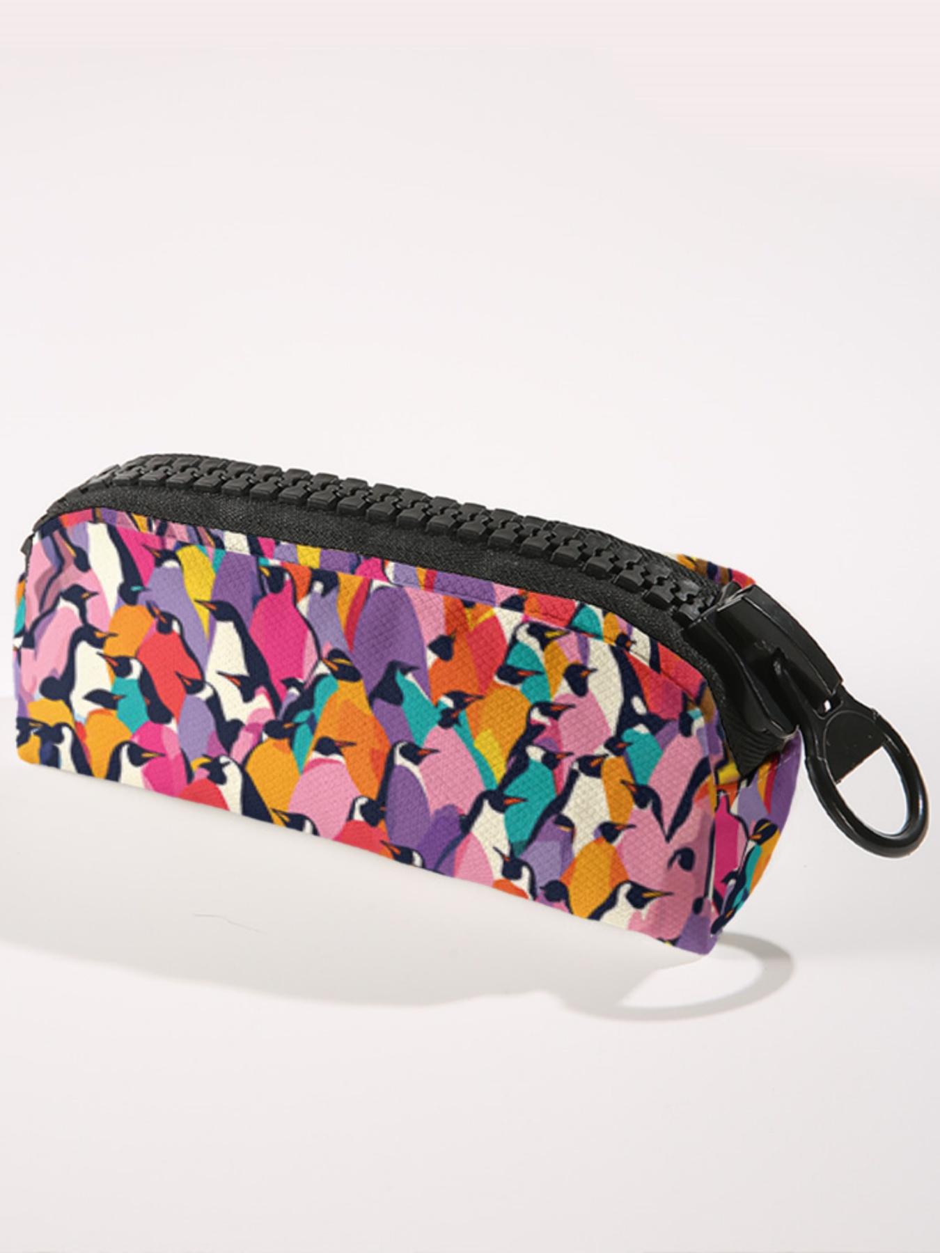 1 piece of colorful penguin pattern 2D printed large zipper pencil case, storage bag, spacious zipper makeup bag school supplies and stationery, durable polyester