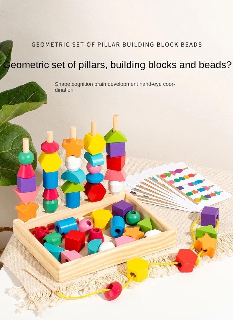 5-in-1 Montessori Wooden Toys Color Shape Cognition Blocks Matching Sorting Game Beaded Early Educational Toys Gift for Children