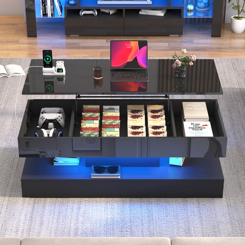 39.4"/47.2" Large Lift Top Coffee Table,Modern High Glossy LED Coffee Tables for Living Room with Storage,Black Living Room Tables for Living Room,Dining Room,Bedroom Home Office,APP LED Lights（Black/white）