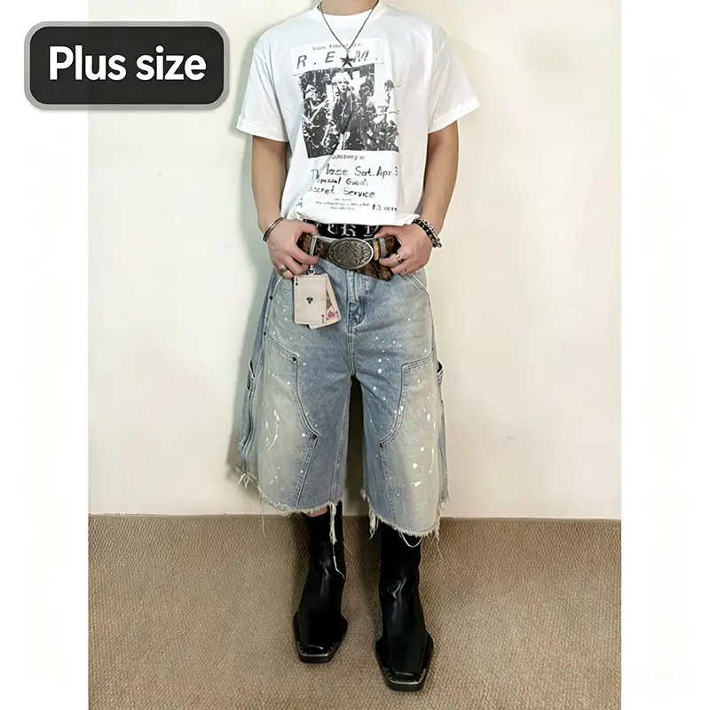 SZ347 Big & Tall Men's 6X Extra-Large Distressed Look Denim Shorts, Trendy Brand, Ink Splashes, Frayed Edges, Mid-Length Sports Shorts, Mid Length Shorts
